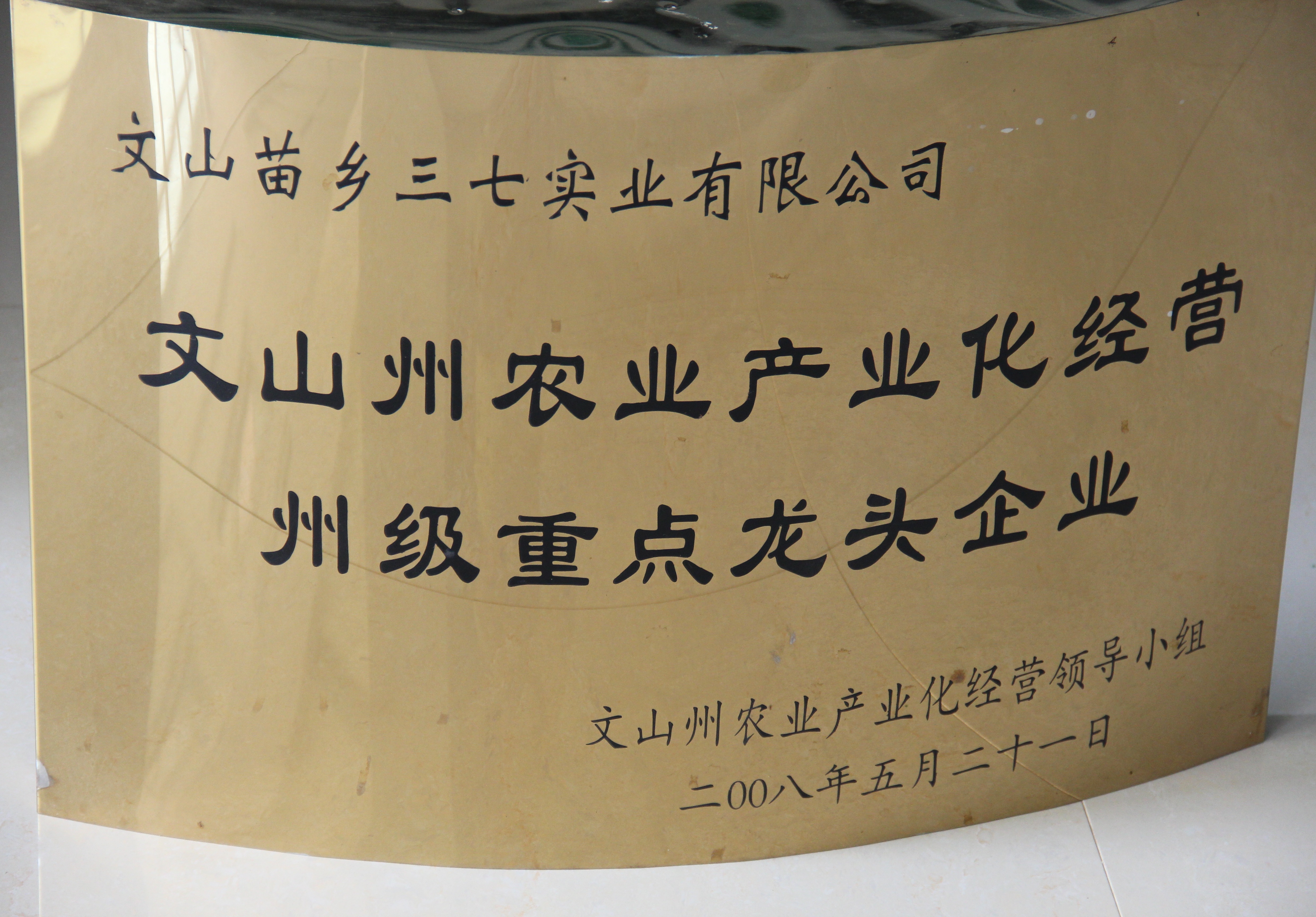 2008年苗鄉(xiāng)三七被評為文山州州級農(nóng)業(yè)產(chǎn)業(yè)化龍頭企業(yè)